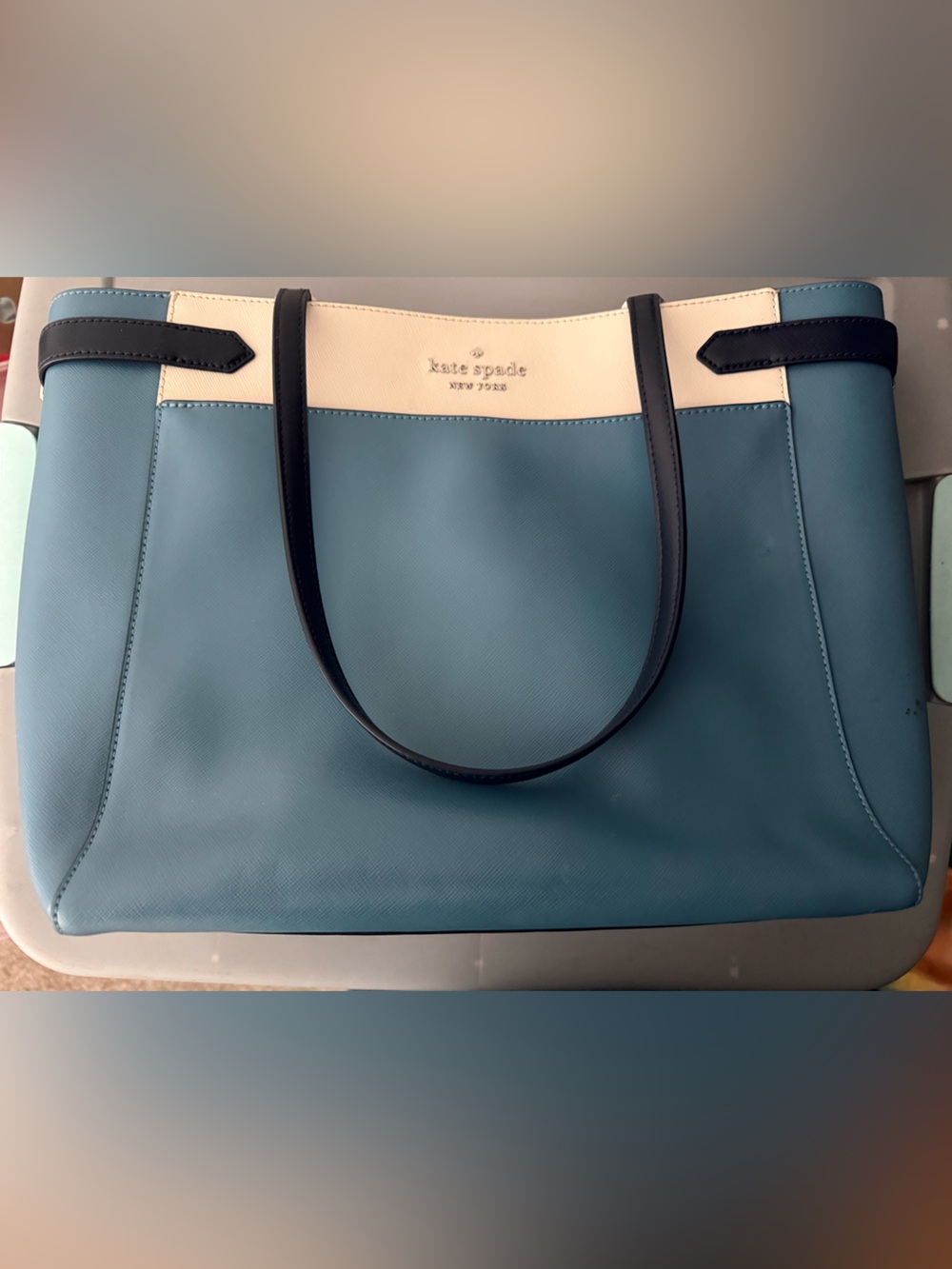 kate spade Two-Tone Teal and Cream Structured Tote with Black Trim